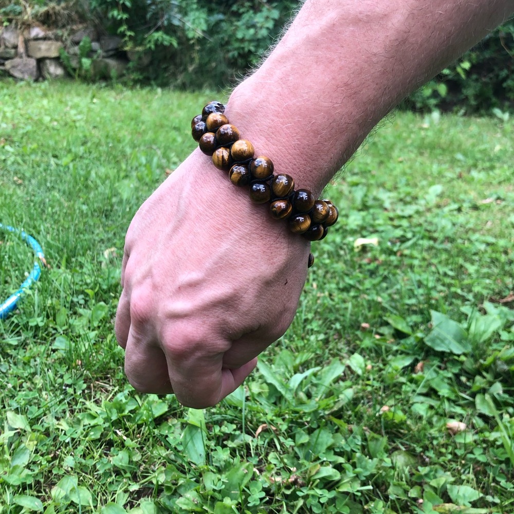 Men's Double Layer Tiger Eye Adjustable Bracelet - Macrame Knotted - Picture 12 of 17